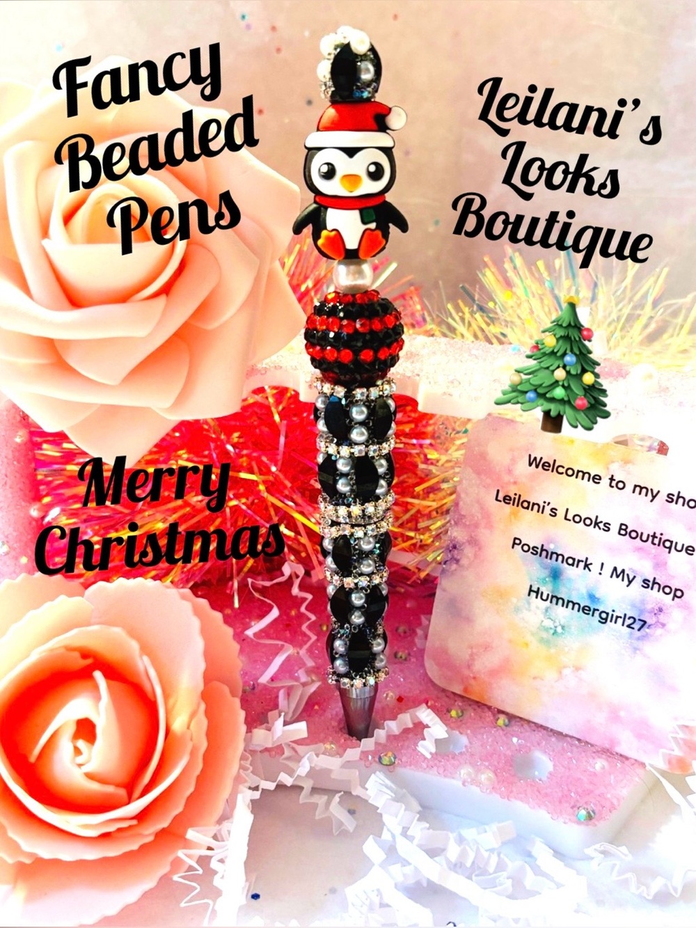Fancy Christmas Beaded pens/Black & red beaded pen with silver accents and a pen